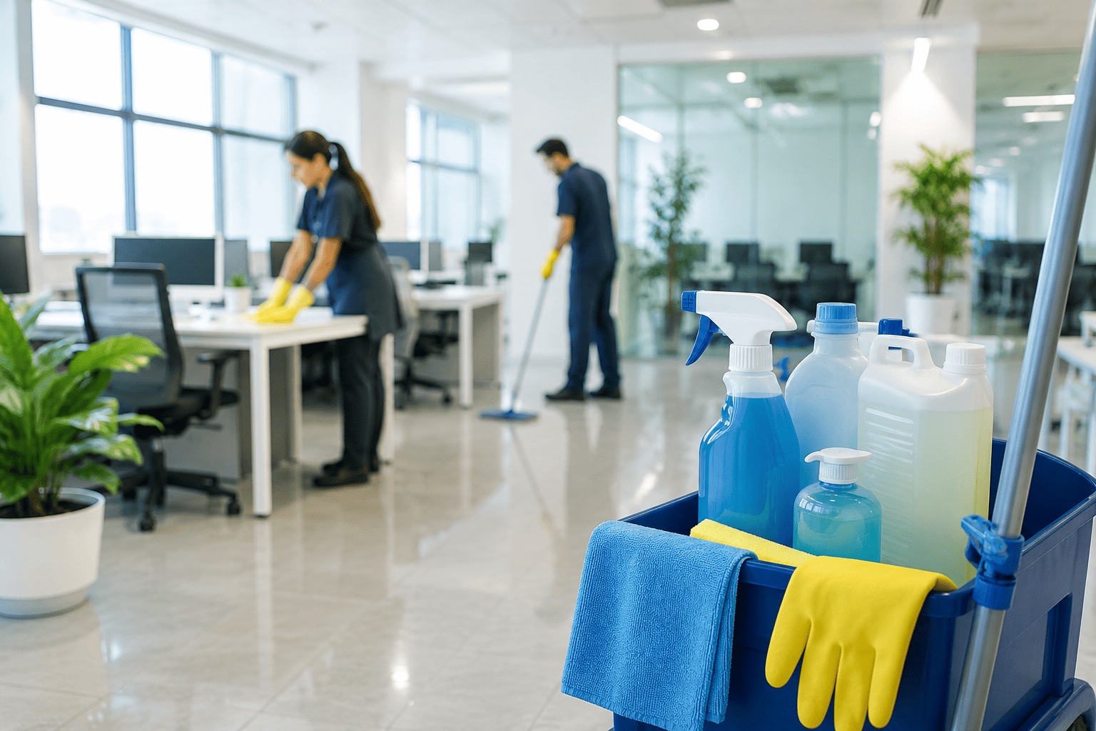 Professional housekeeping cleaning chemicals and supplies in a commercial facility